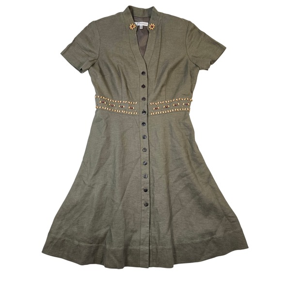 dressbarn Dresses & Skirts - Dressbarn Olive Green Beaded Button Front Midi Dress ShortSleeve Size 10 Vintage